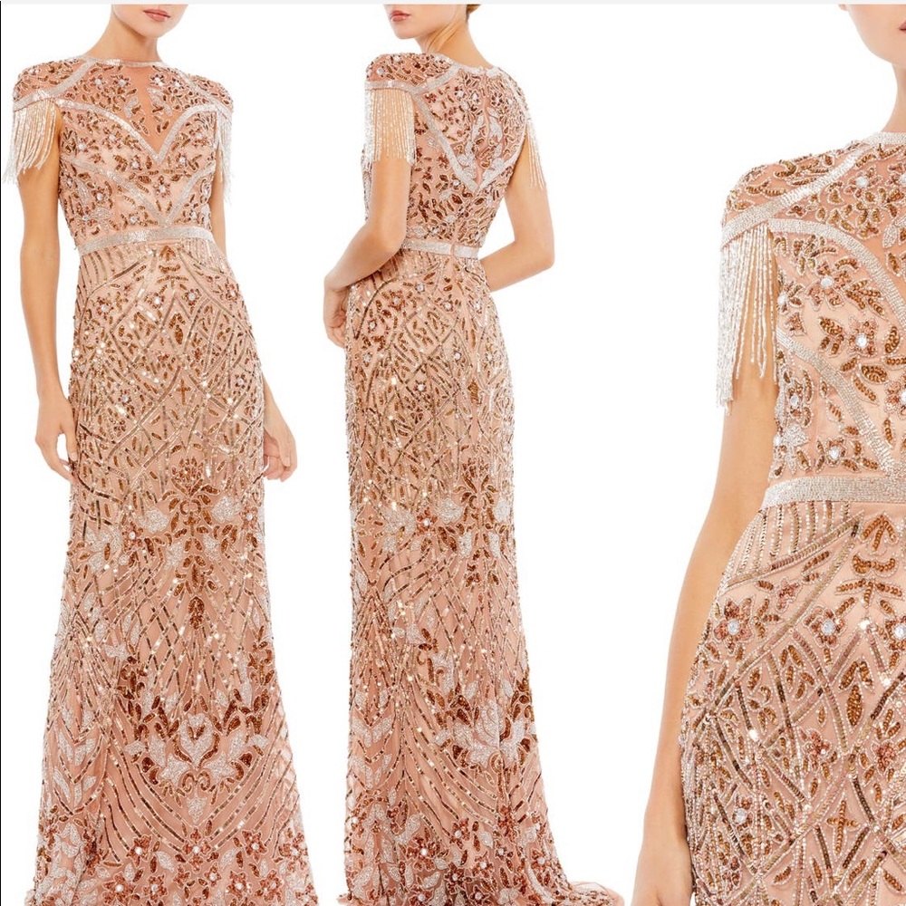 Mac Duggal fringe sequin column gown
